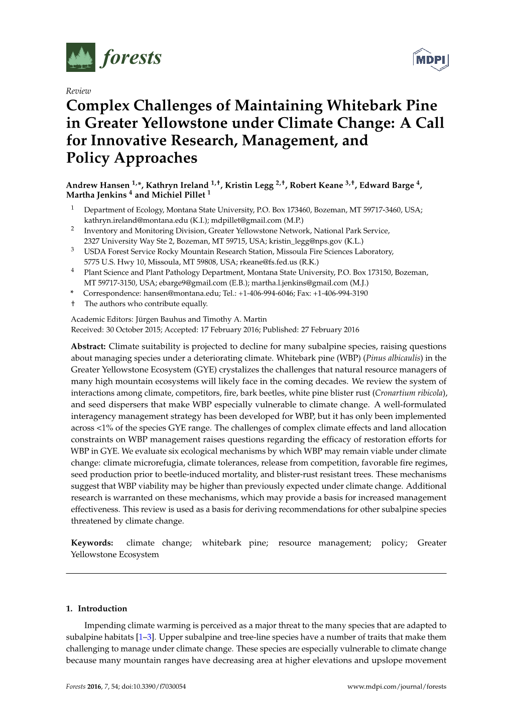 Complex Challenges of Maintaining Whitebark Pine in Greater Yellowstone Under Climate Change: a Call for Innovative Research, Management, and Policy Approaches