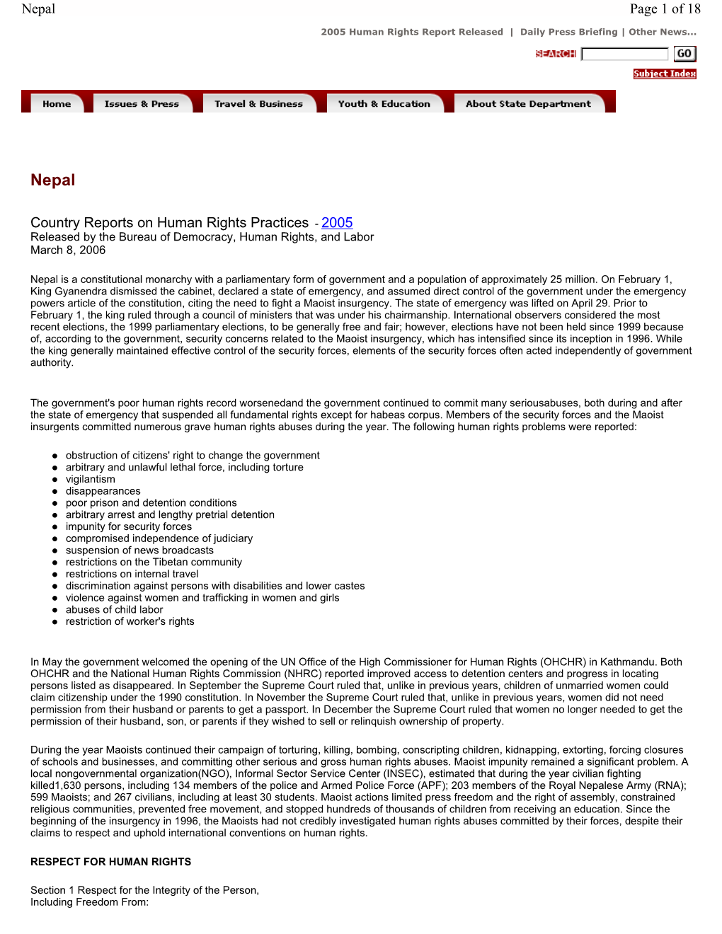 Country Reports on Human Rights Practices - 2005 Released by the Bureau of Democracy, Human Rights, and Labor March 8, 2006