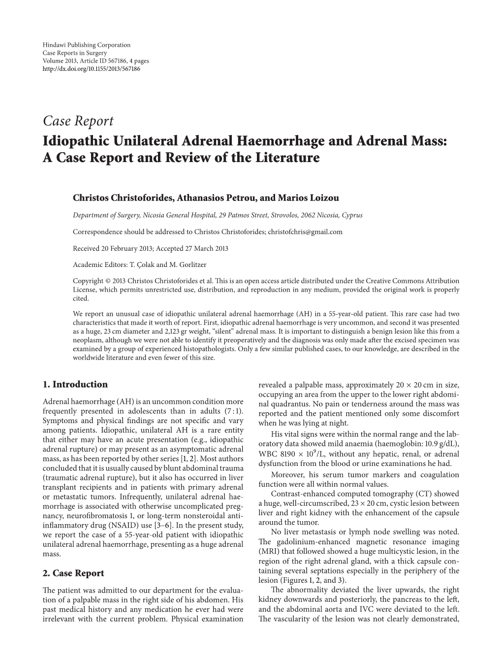 Idiopathic Unilateral Adrenal Haemorrhage and Adrenal Mass: a Case Report and Review of the Literature