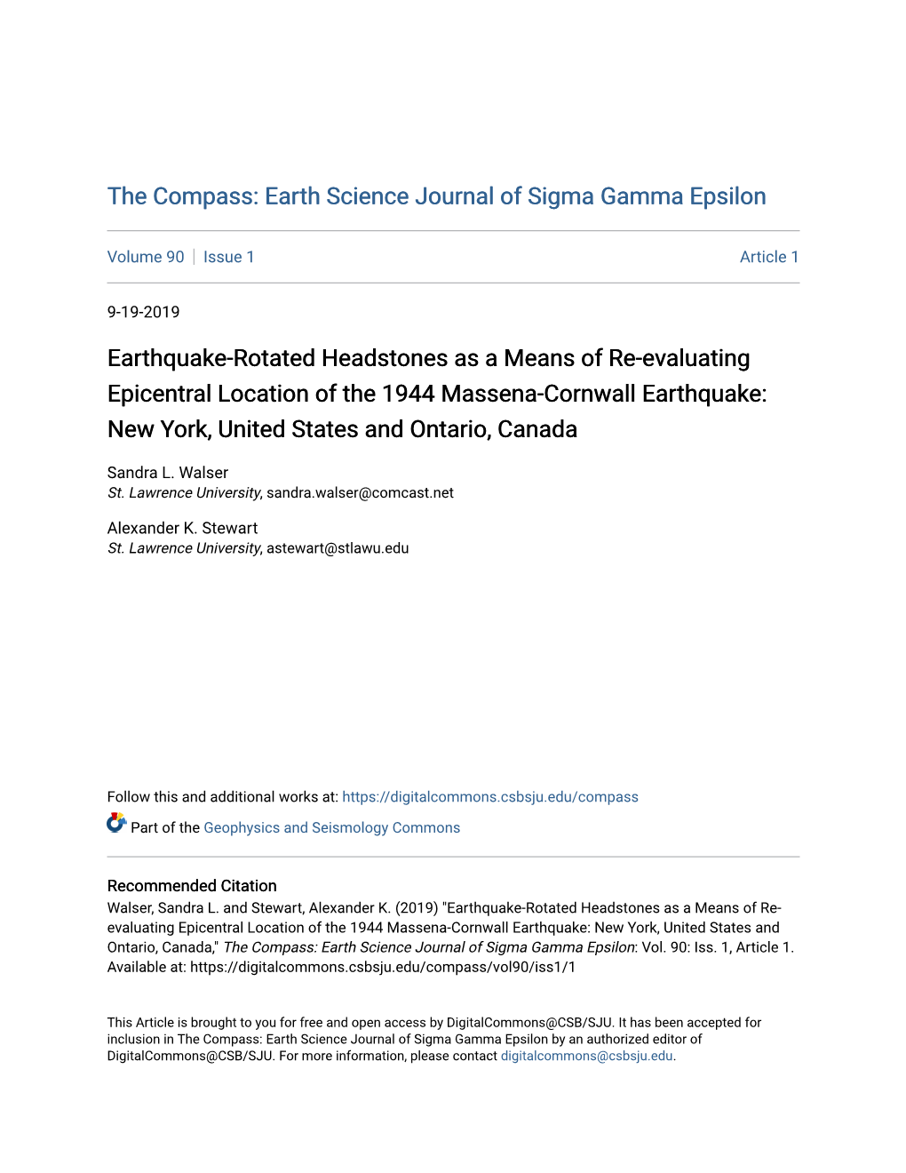 Earthquake-Rotated Headstones As a Means of Re-Evaluating Epicentral Location of the 1944 Massena-Cornwall Earthquake: New York, United States and Ontario, Canada