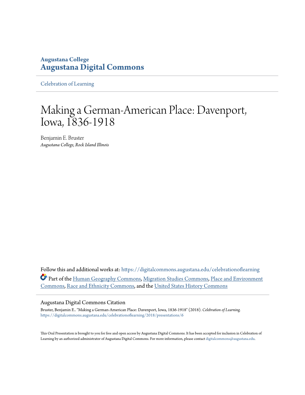 Making a German-American Place: Davenport, Iowa, 1836-1918 Benjamin E