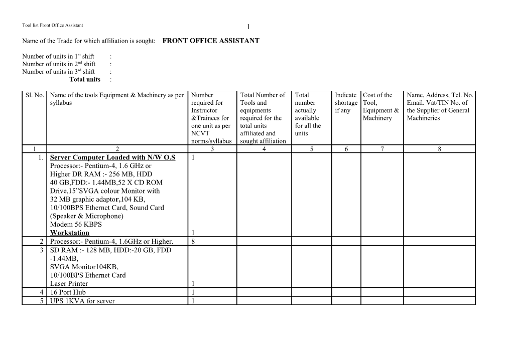 List of Equipment and Machineries for the for the Trade of Front Office