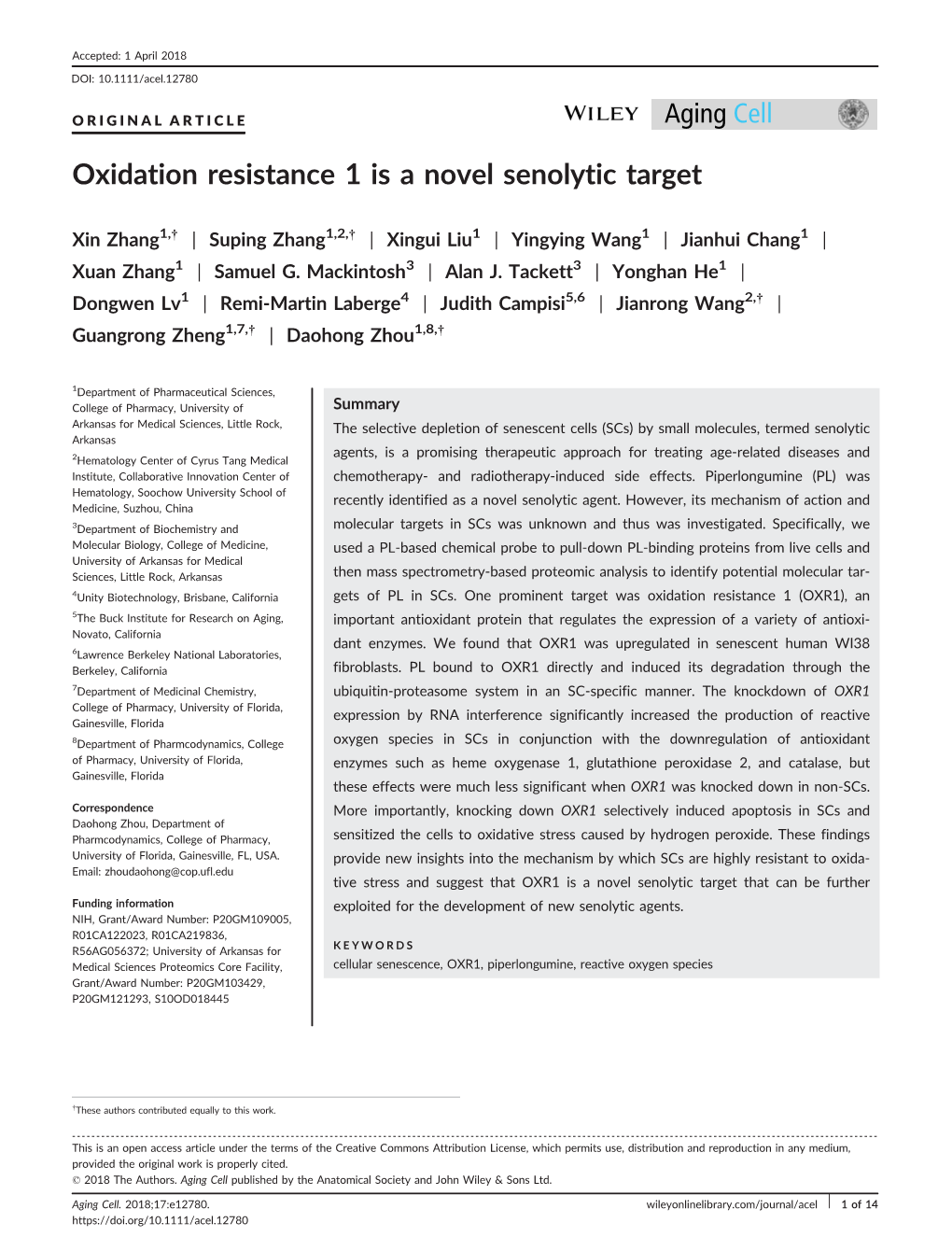 Oxidation Resistance 1 Is a Novel Senolytic Target