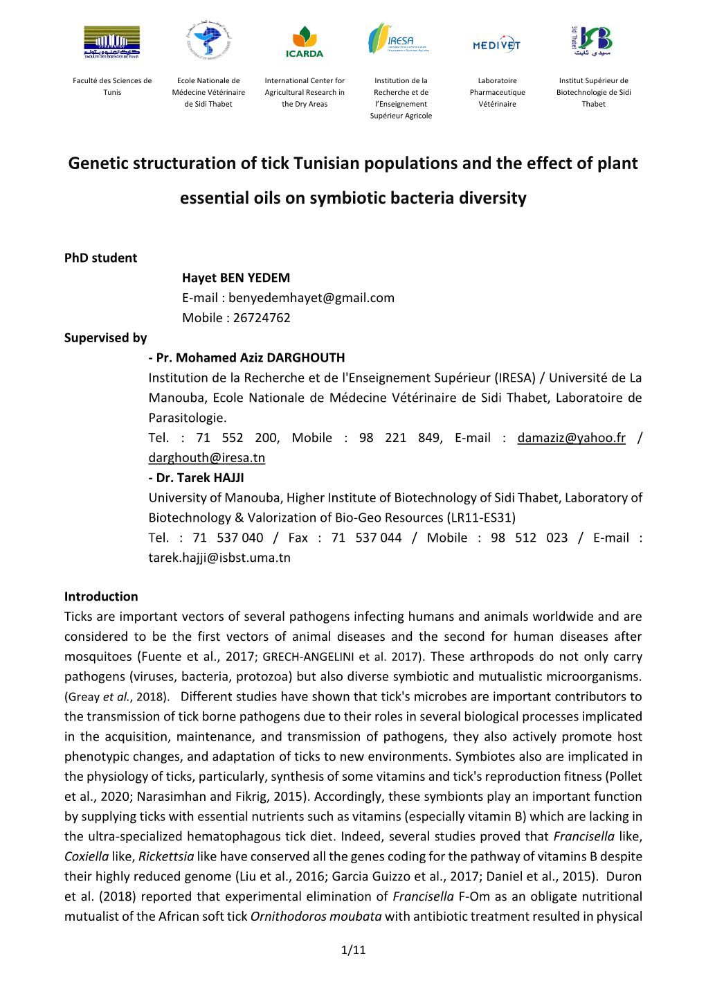 Genetic Structuration of Tick Tunisian Populations and the Effect of Plant Essential Oils on Symbiotic Bacteria Diversity