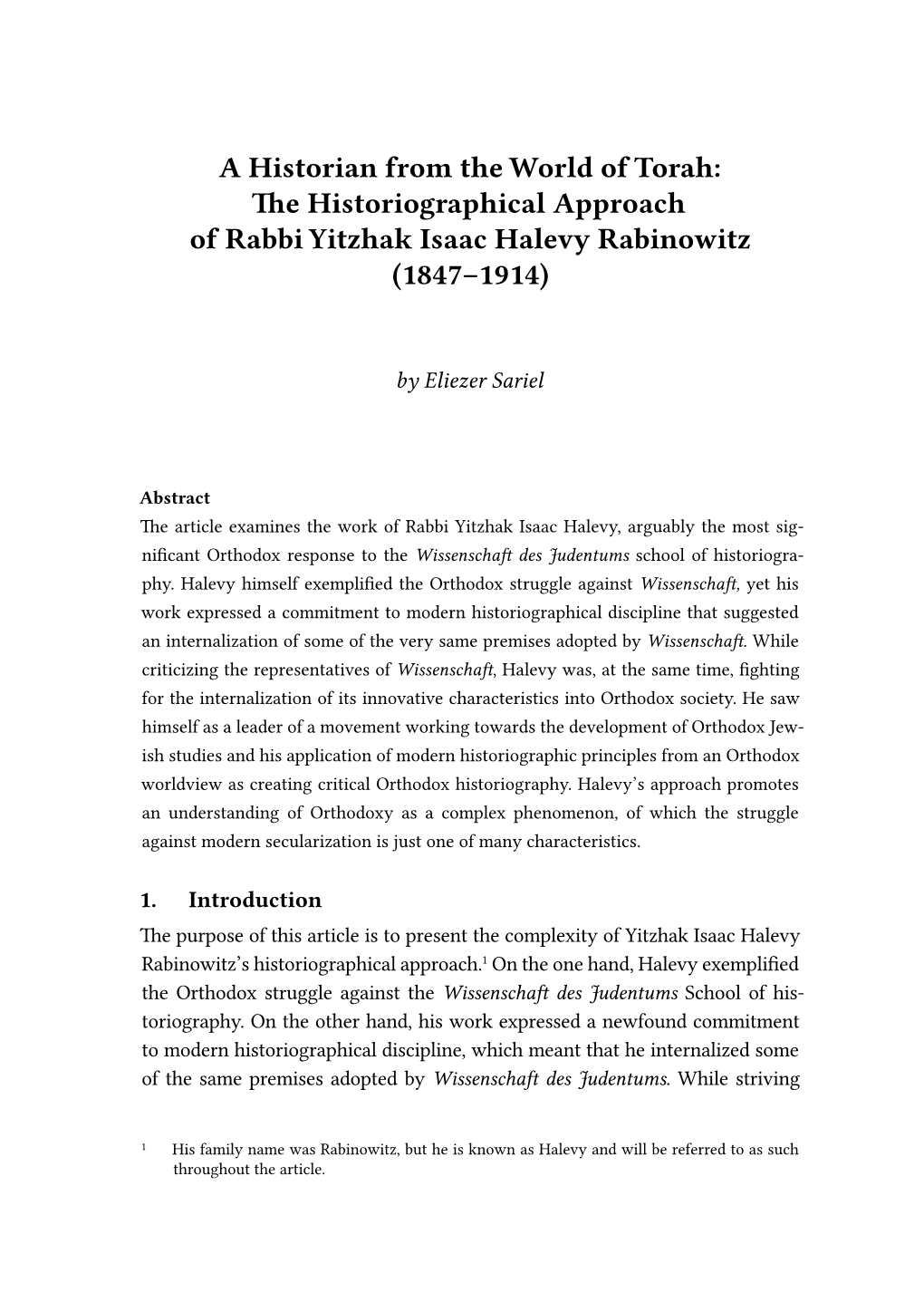 A Historian from the World of Torah: the Historiographical Approach of Rabbi Yitzhak Isaac Halevy Rabinowitz (1847–1914)