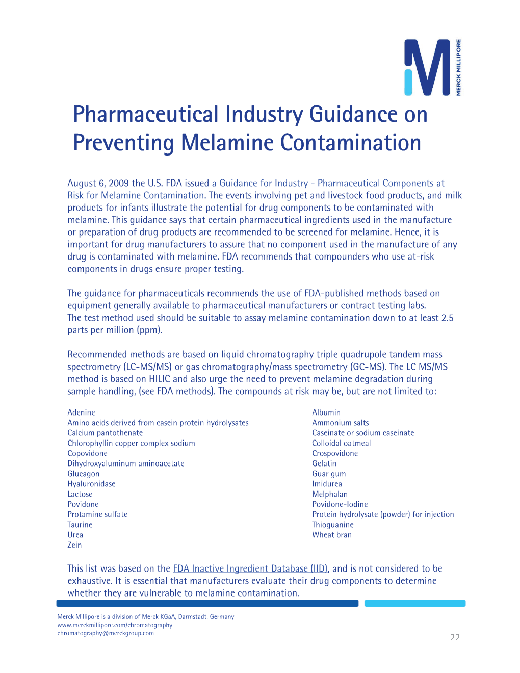 Pharmaceutical Industry Guidance on Preventing Melamine Contamination