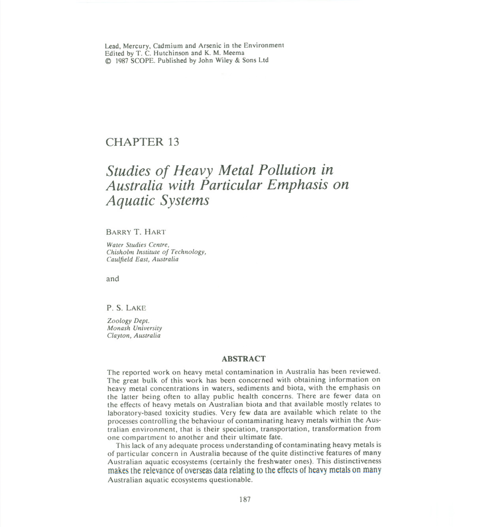 Studies of Heavy Metal Pollution in Australia with Particular Emphasis on Aquatic Systems