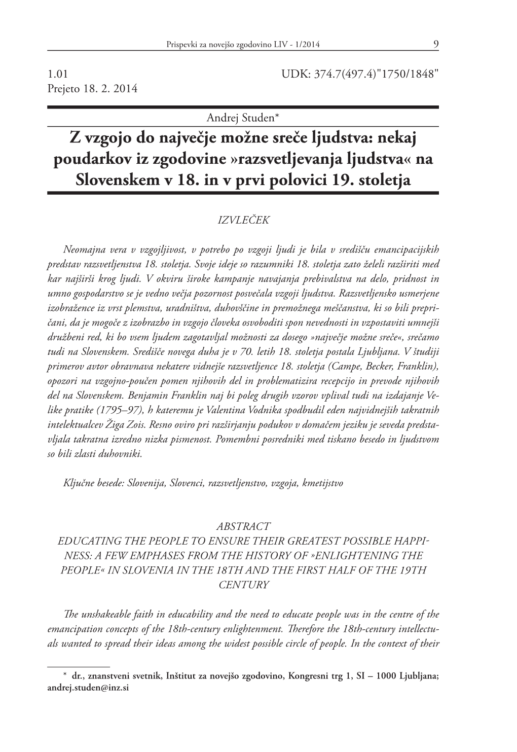 Razsvetljevanja Ljudstva« Na Slovenskem V 18. in V Prvi Polovici 19