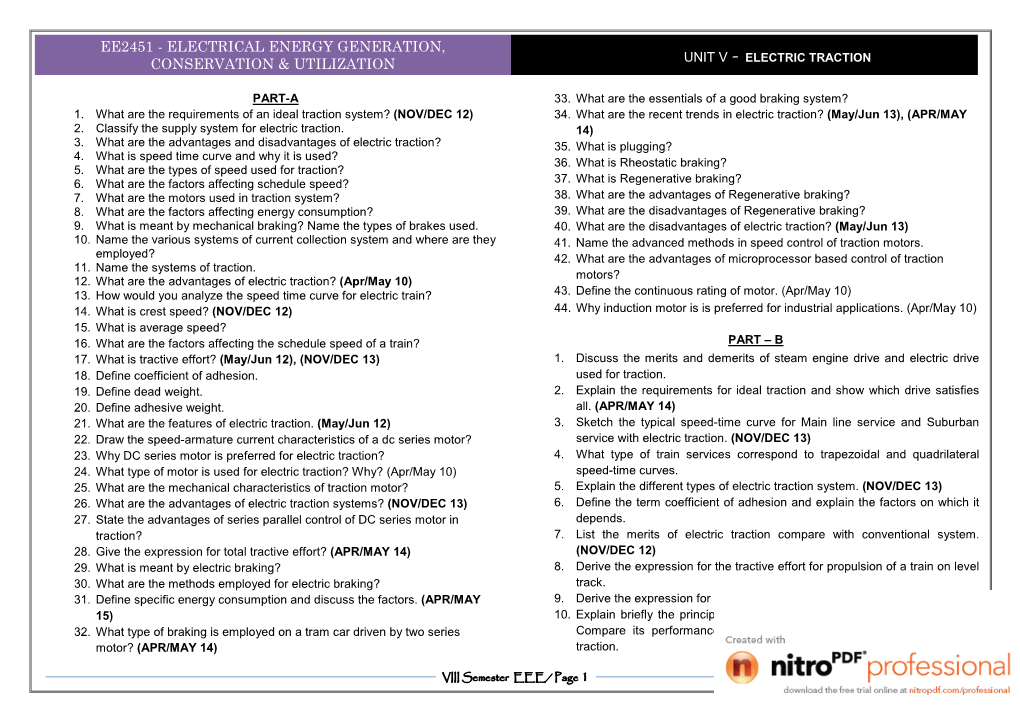 Ee2451 - Electrical Energy Generation, Conservation & Utilization Unit V – Electric Traction