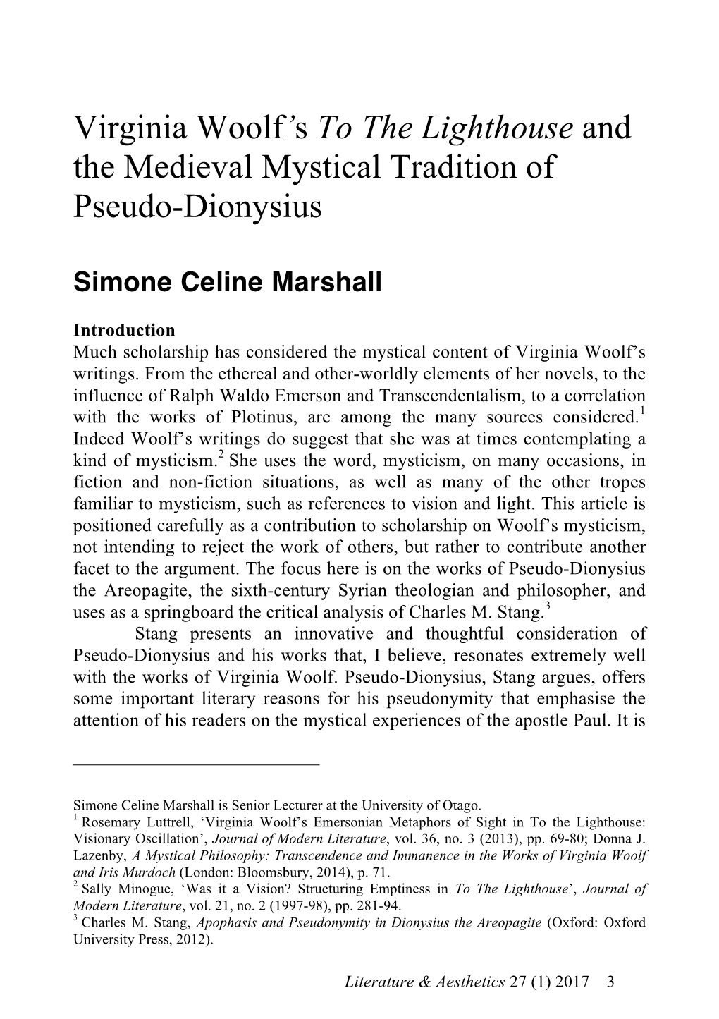 Virginia Woolf's to the Lighthouse and the Medieval Mystical Tradition