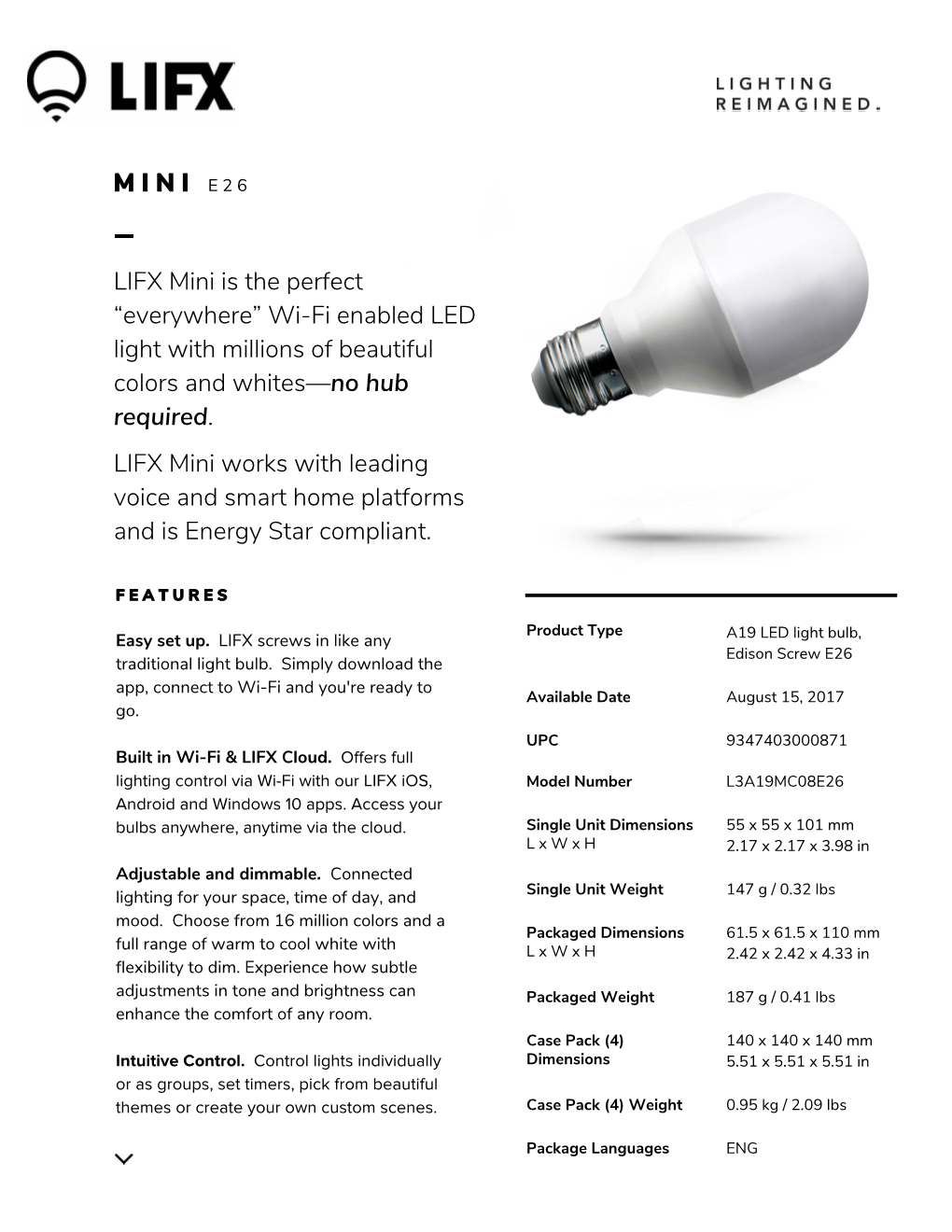 LIFX Mini Is the Perfect “Everywhere” Wi-Fi Enabled LED Light with Millions of Beautiful Colors and Whites—No Hub Required