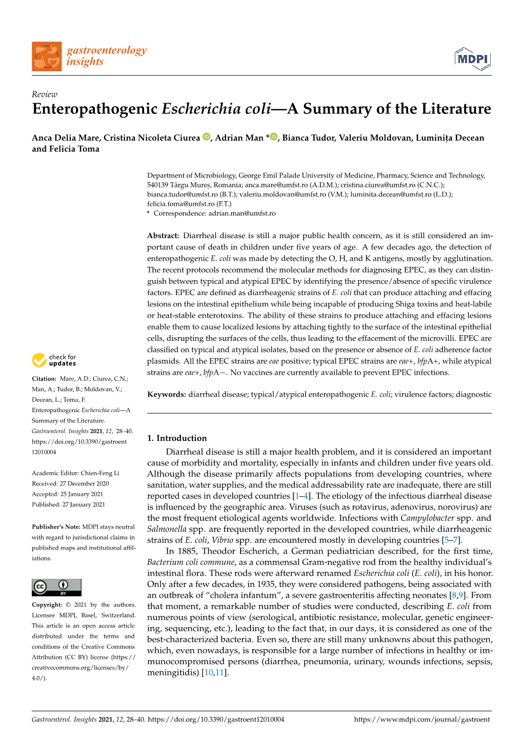 Enteropathogenic Escherichia Coli—A Summary of the Literature