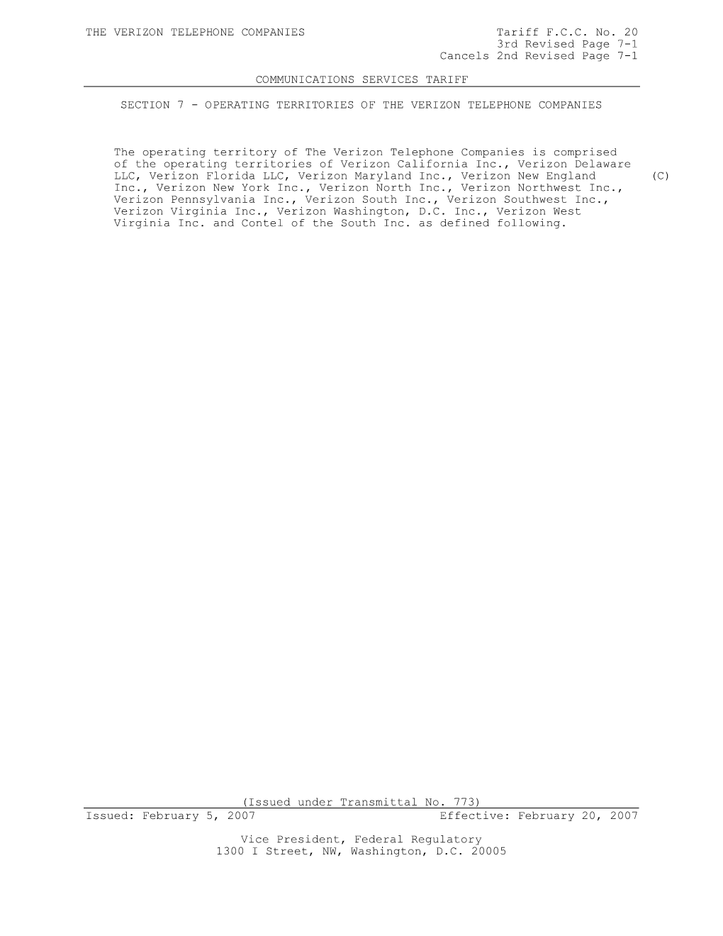 THE VERIZON TELEPHONE COMPANIES Tariff F.C.C. No. 20 3Rd Revised Page 7-1 Cancels 2Nd Revised Page 7-1