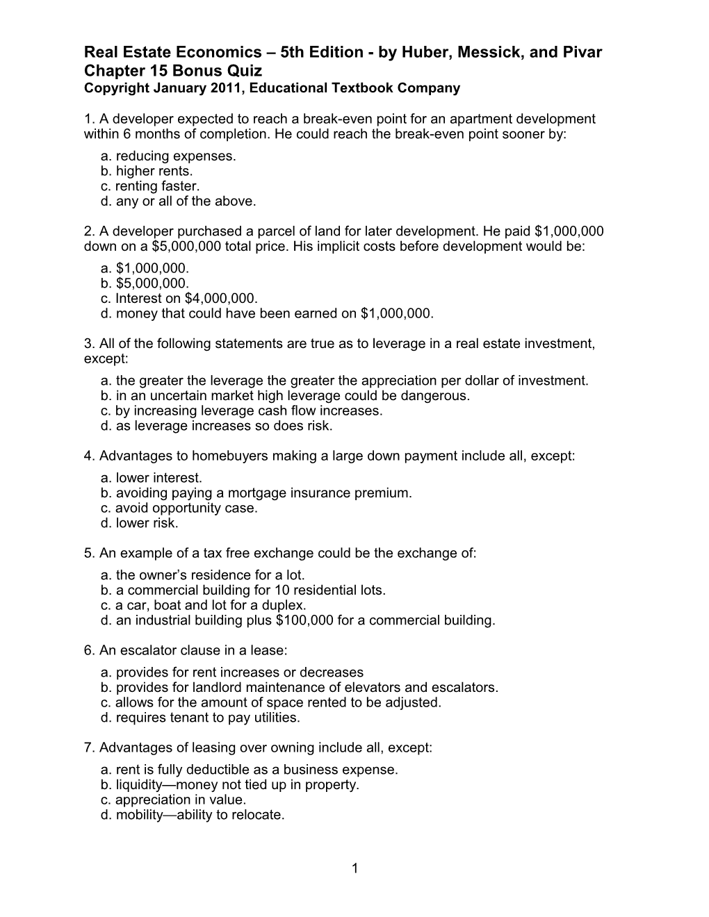 REAL ESTATE ECONOMICS - Chapter Quizzes s1