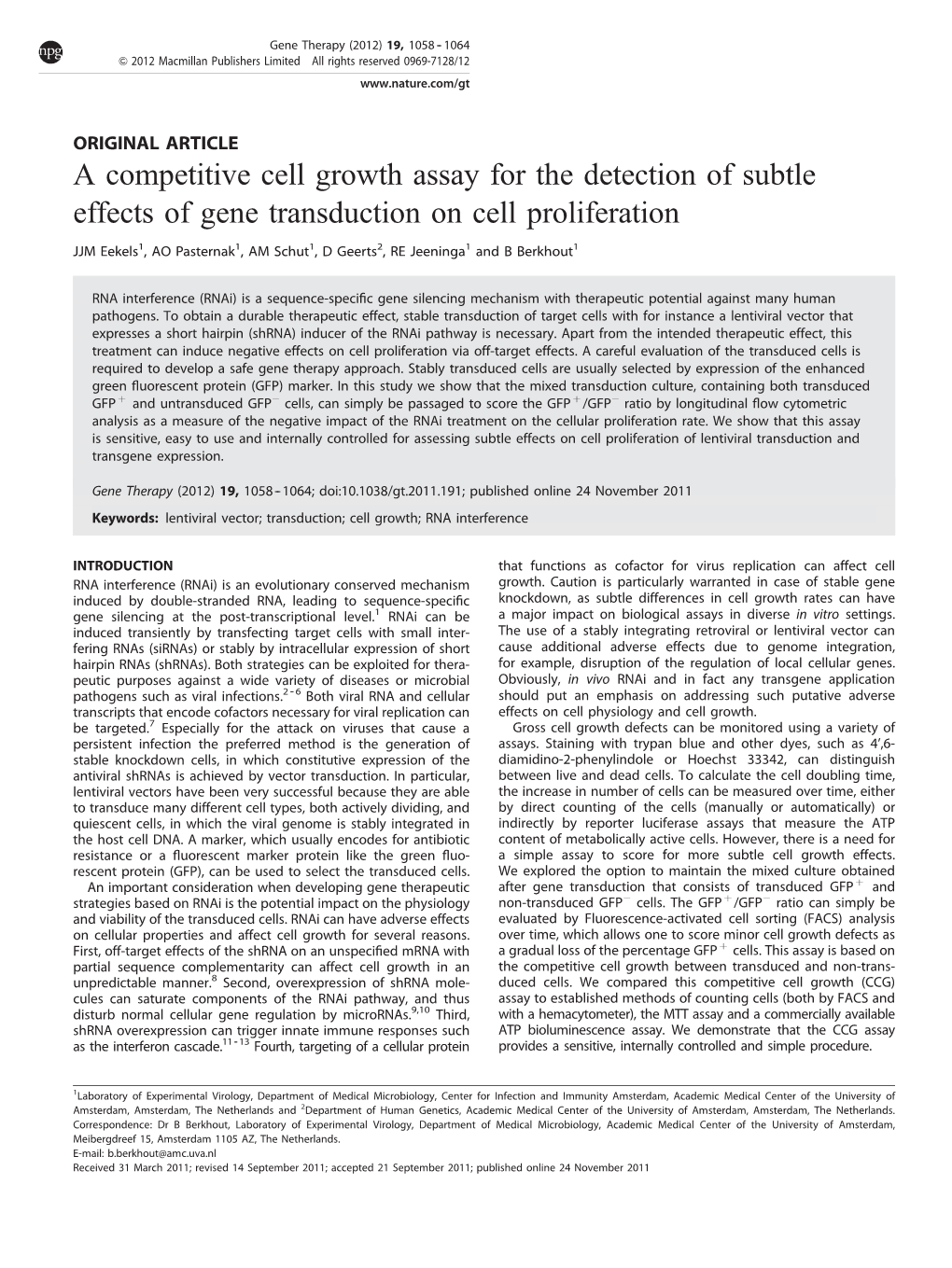 A Competitive Cell Growth Assay for the Detection of Subtle Effects of Gene Transduction on Cell Proliferation