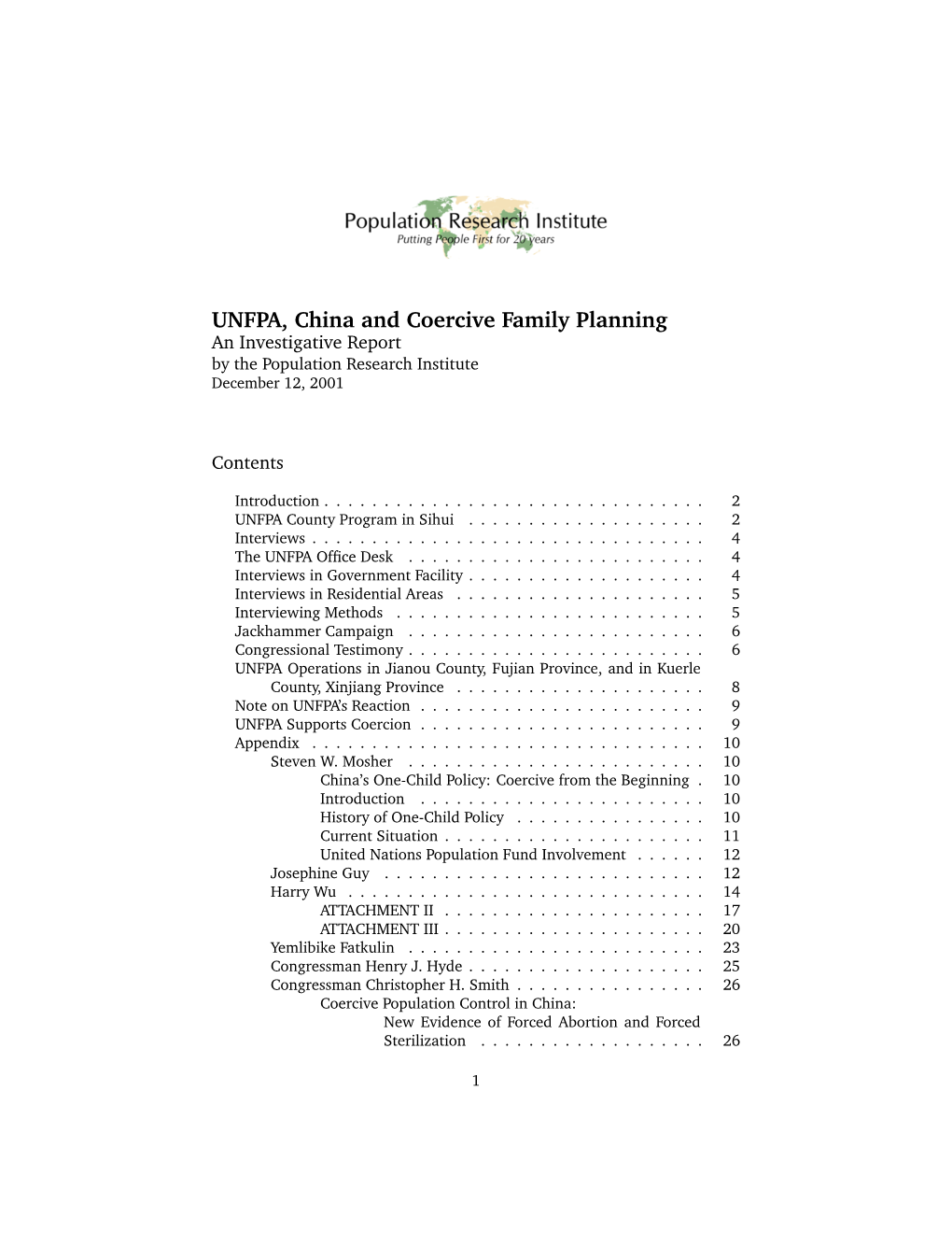 UNFPA, China and Coercive Family Planning an Investigative Report by the Population Research Institute December 12, 2001