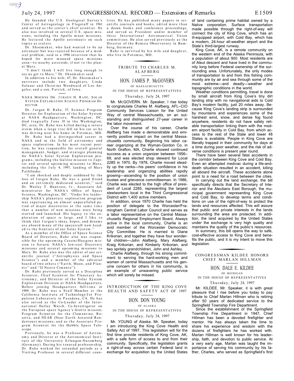 CONGRESSIONAL RECORD— Extensions of Remarks E1509 HON. JAMES P. Mcgovern HON. DON YOUNG HON. DALE E. KILDEE