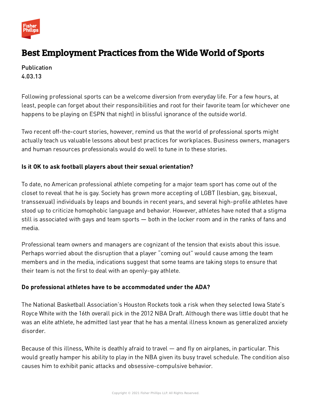 Best Employment Practices from the Wide World of Sports Publication 4.03.13