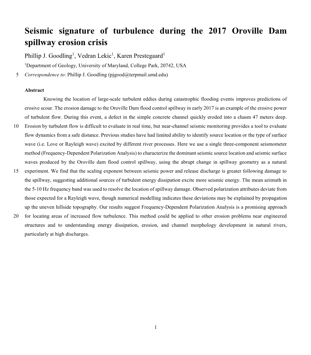 Seismic Signature of Turbulence During the 2017 Oroville Dam Spillway Erosion Crisis Phillip J