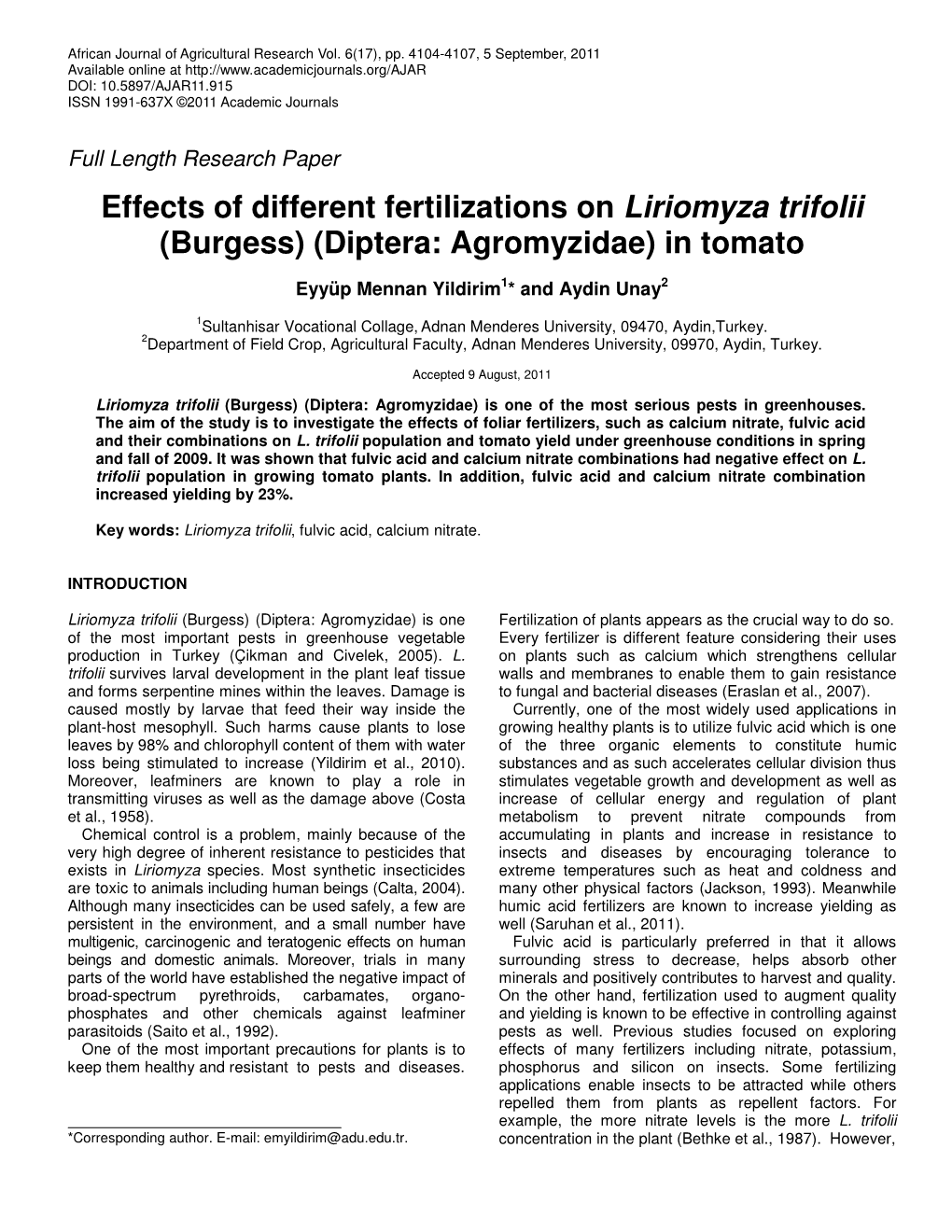 Effects of Different Fertilizations on Liriomyza Trifolii (Burgess) (Diptera: Agromyzidae) in Tomato