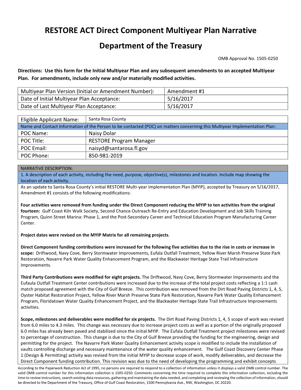 RESTORE Act Direct Component Amendment #1 Multiyear Plan