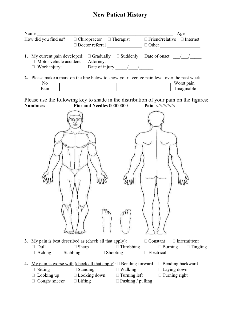 New Patient Worksheet Neck Pain