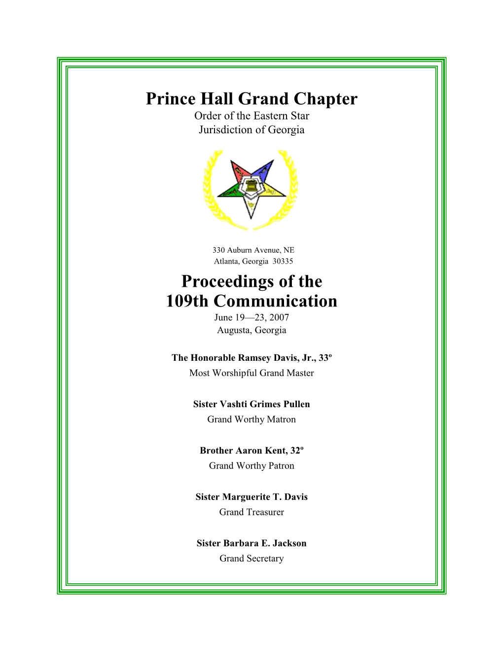 Proceedings of the 109Th Communication Prince Hall Grand