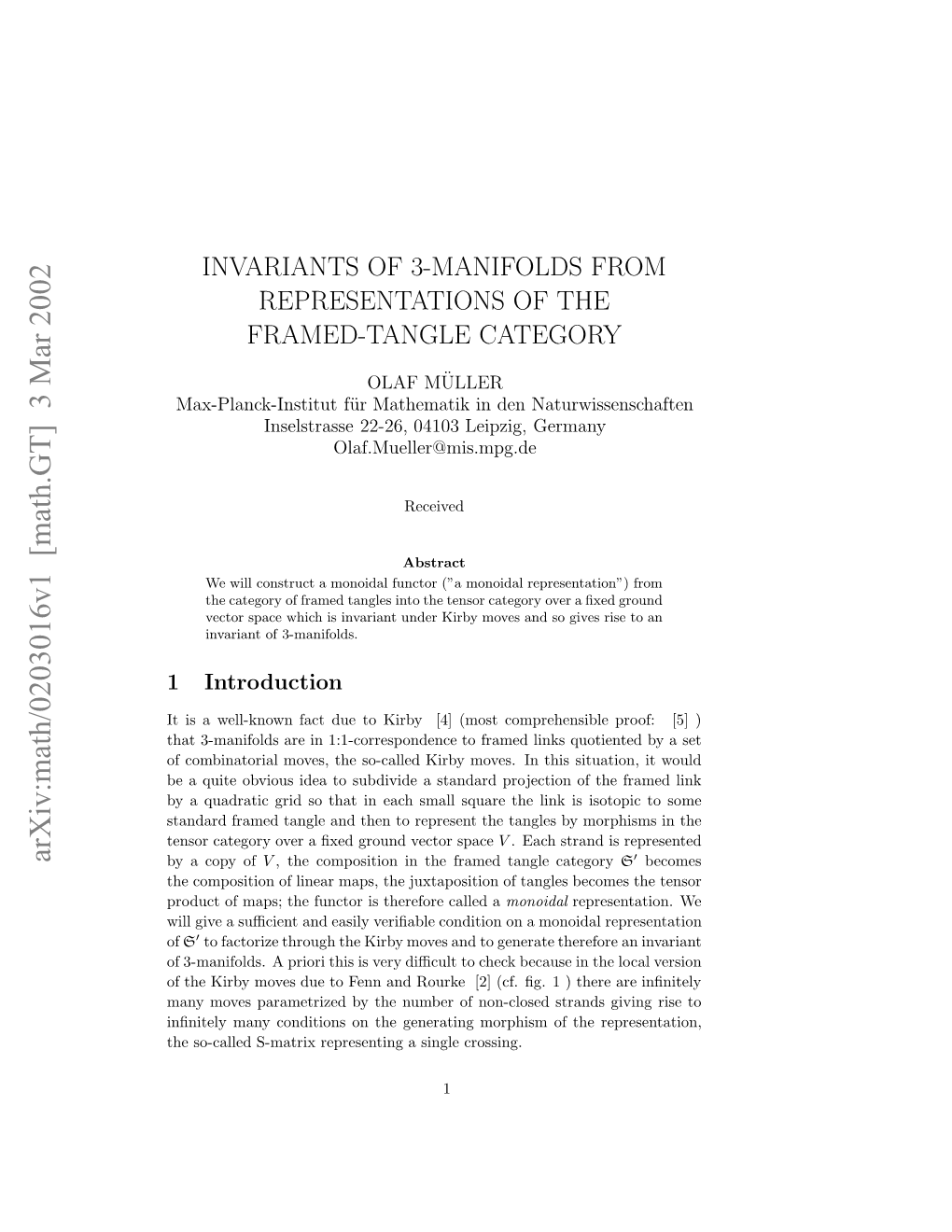 Arxiv:Math/0203016V1 [Math.GT] 3 Mar 2002