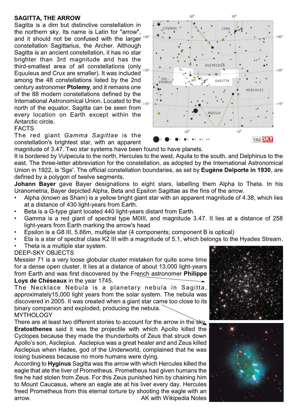 SAGITTA, the ARROW Sagitta Is a Dim but Distinctive Constellation in the Northern Sky