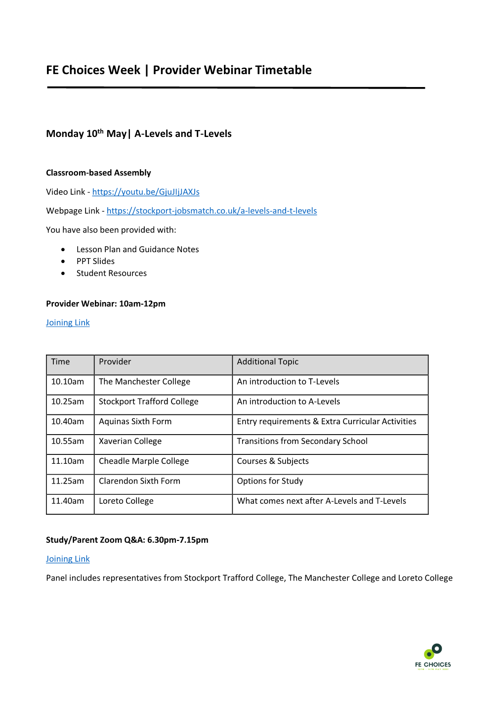 FE Choices Week | Provider Webinar Timetable