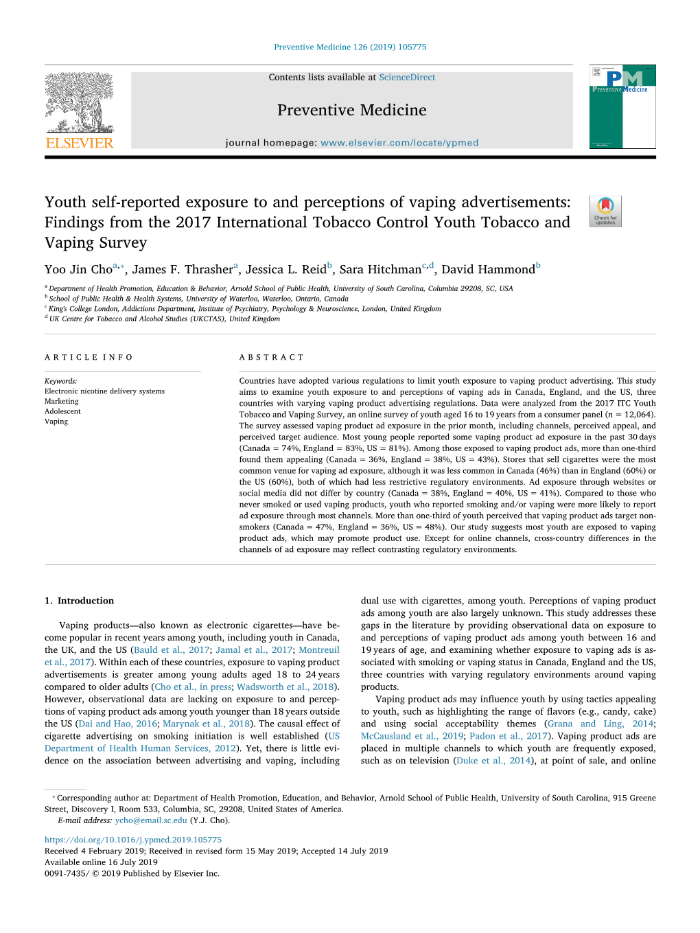 Findings from the 2017 International Tobacco Control Youth Tobacco and T Vaping Survey ⁎ Yoo Jin Choa, , James F