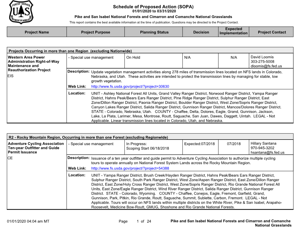 Pike and San Isabel National Forests and Cimarron and Comanche National Grasslands This Report Contains the Best Available Information at the Time of Publication