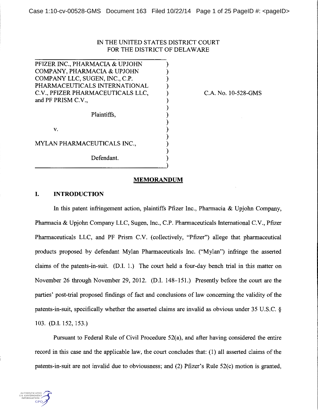 Case 1:10-Cv-00528-GMS Document 163 Filed 10/22/14