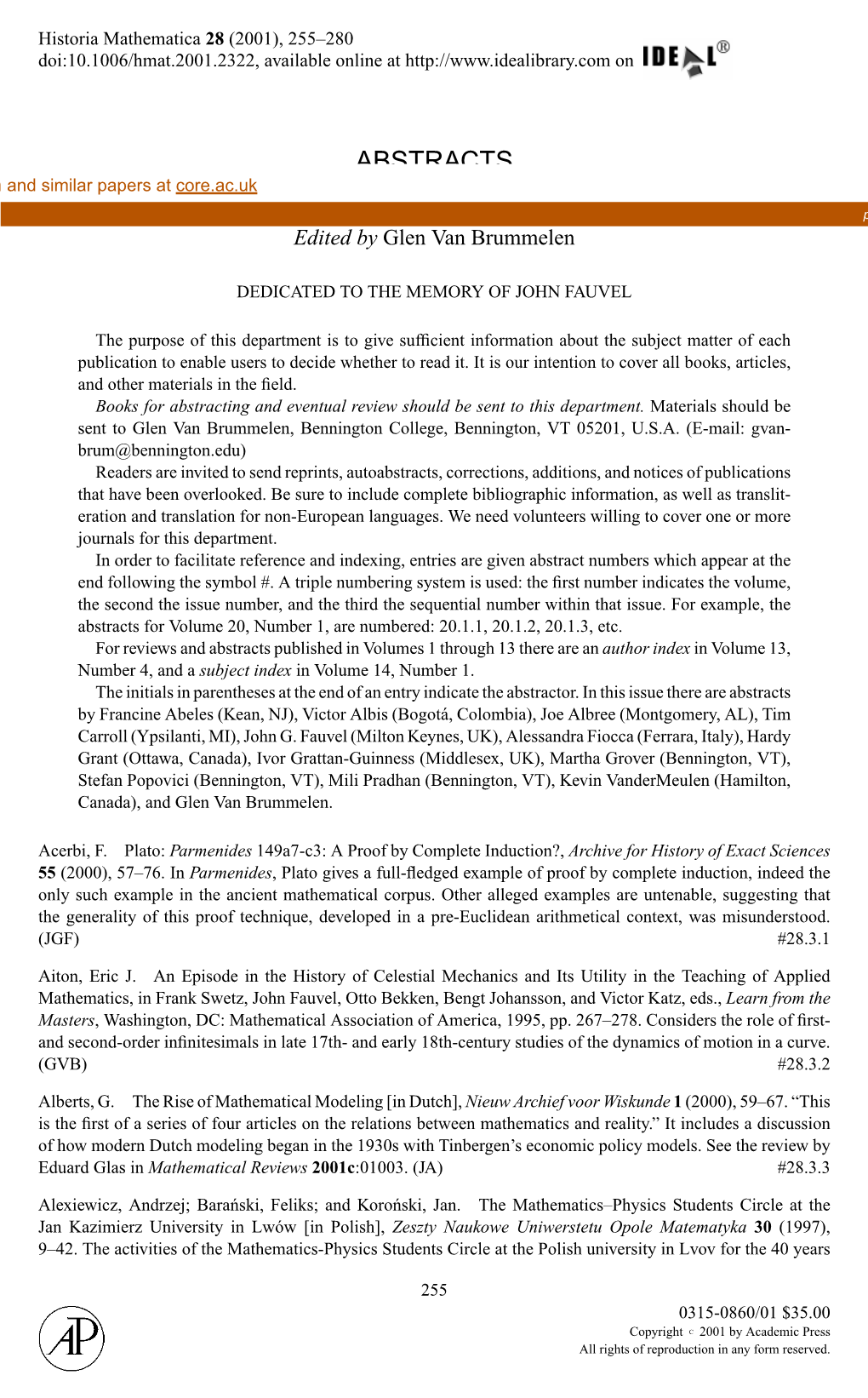 ABSTRACTS View Metadata, Citation and Similar Papers at Core.Ac.Uk Brought to You by CORE