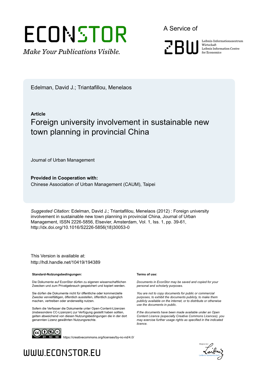 Foreign University Involvement in Sustainable New Town Planning in Provincial China