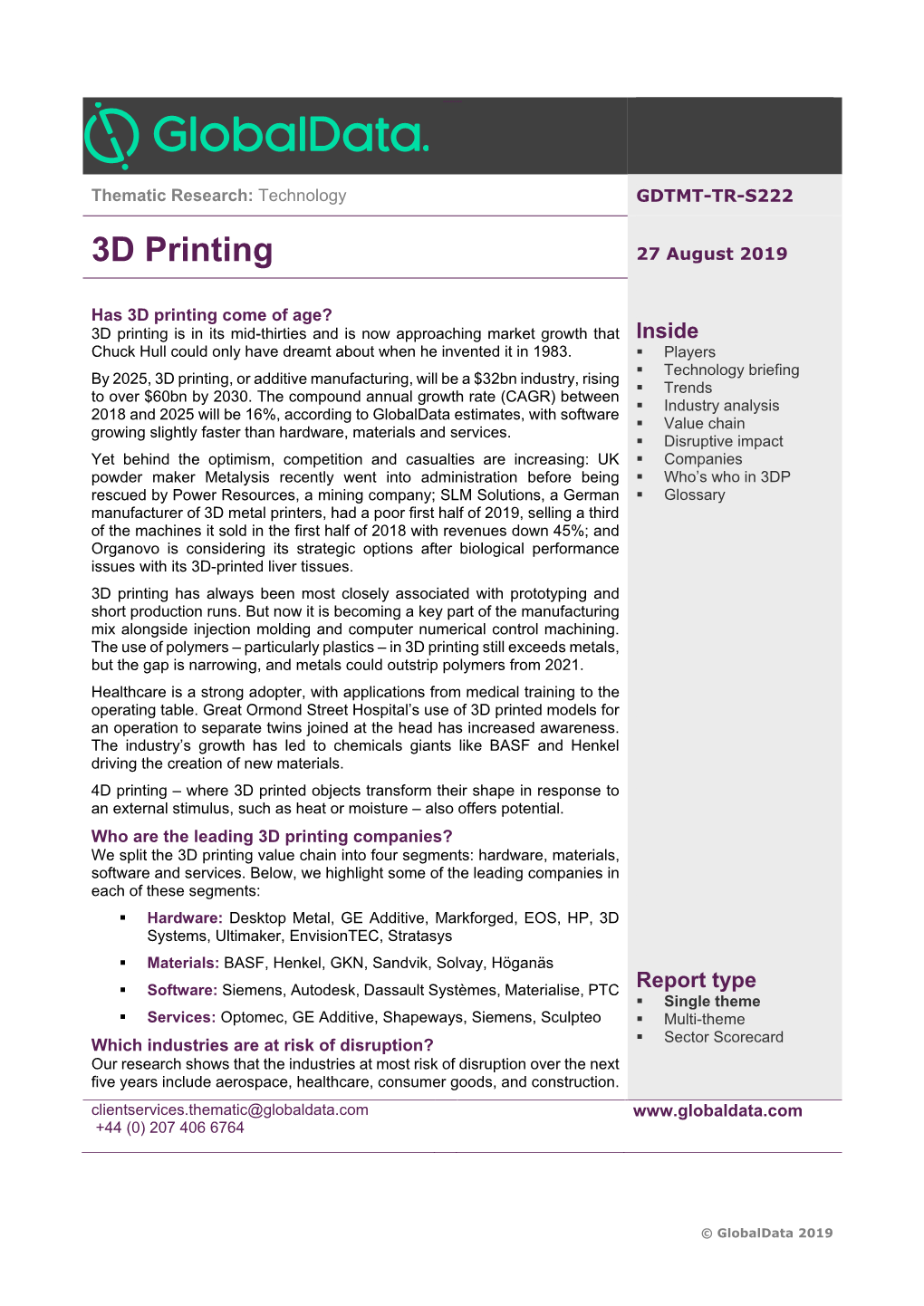 3D Printing 27 August 2019
