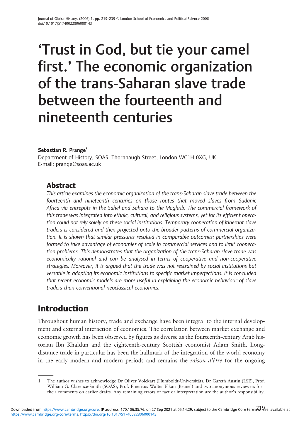 The Economic Organization of the Trans-Saharan Slave Trade Between the Fourteenth and Nineteenth Centuries