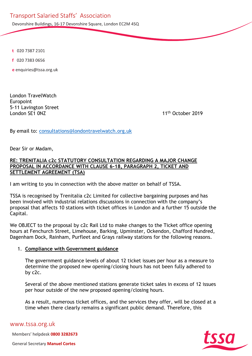 TSSA Response to London Travelwatch C2C Ticket Offices