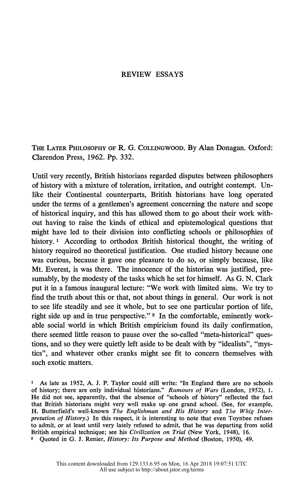 THE LATER PHILOSOPHY of R. G. COLLINGWOOD. by Alan Donagan