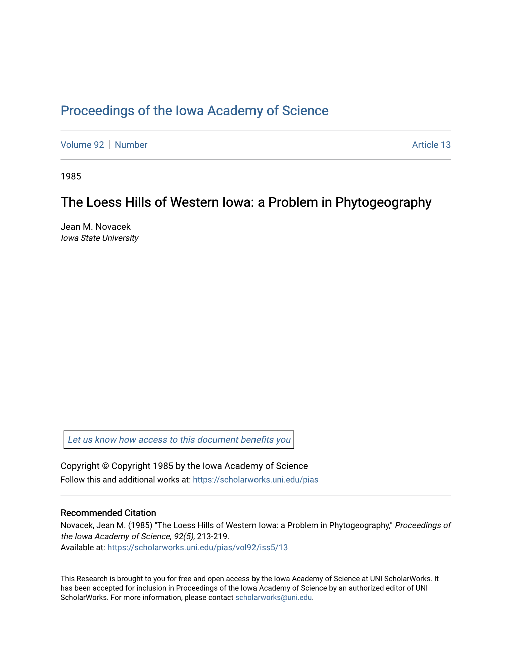 The Loess Hills of Western Iowa: a Problem in Phytogeography