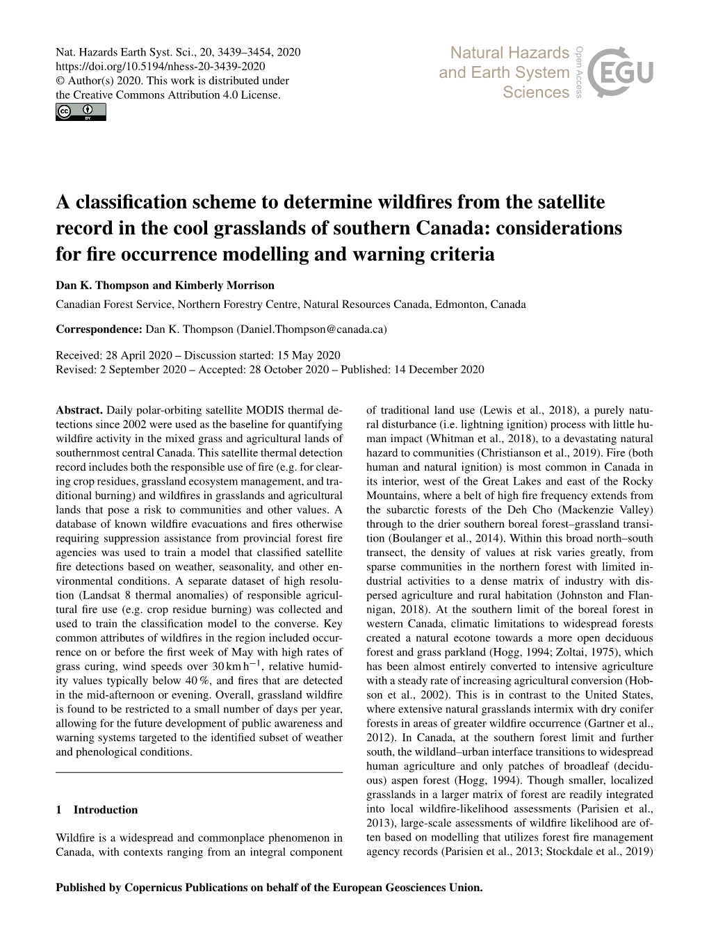 A Classification Scheme to Determine Wildfires from the Satellite Record in the Cool Grasslands of Southern Canada: Consideratio