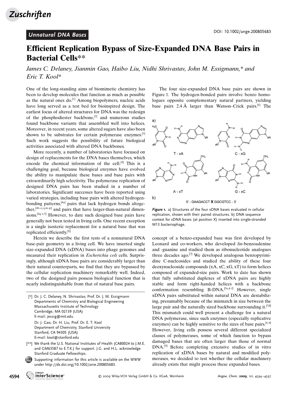 Efficient Replication Bypass of Size-Expanded DNA Base Pairs in Bacterial Cells** James C