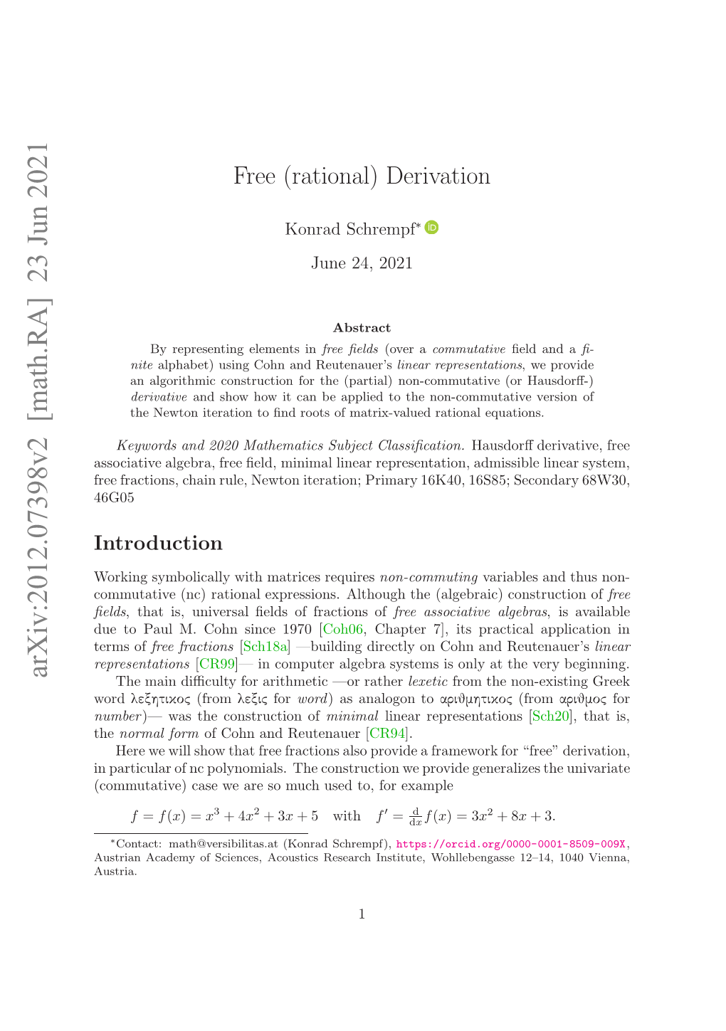 Arxiv:2012.07398V2 [Math.RA] 23 Jun 2021 U Opu .Ch Ic 90[ 1970 Since Cohn M