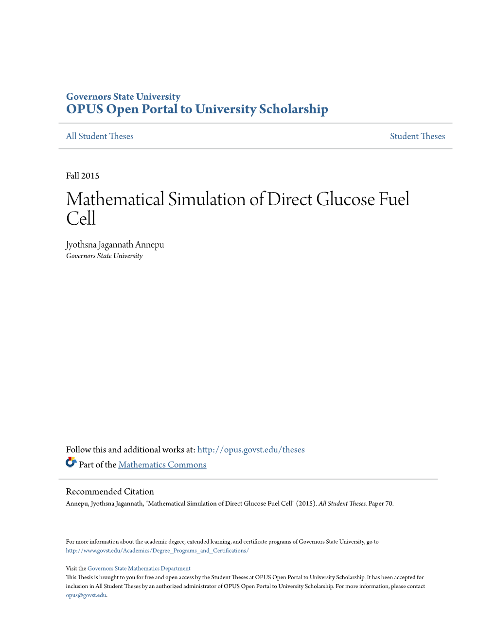 Mathematical Simulation of Direct Glucose Fuel Cell Jyothsna Jagannath Annepu Governors State University