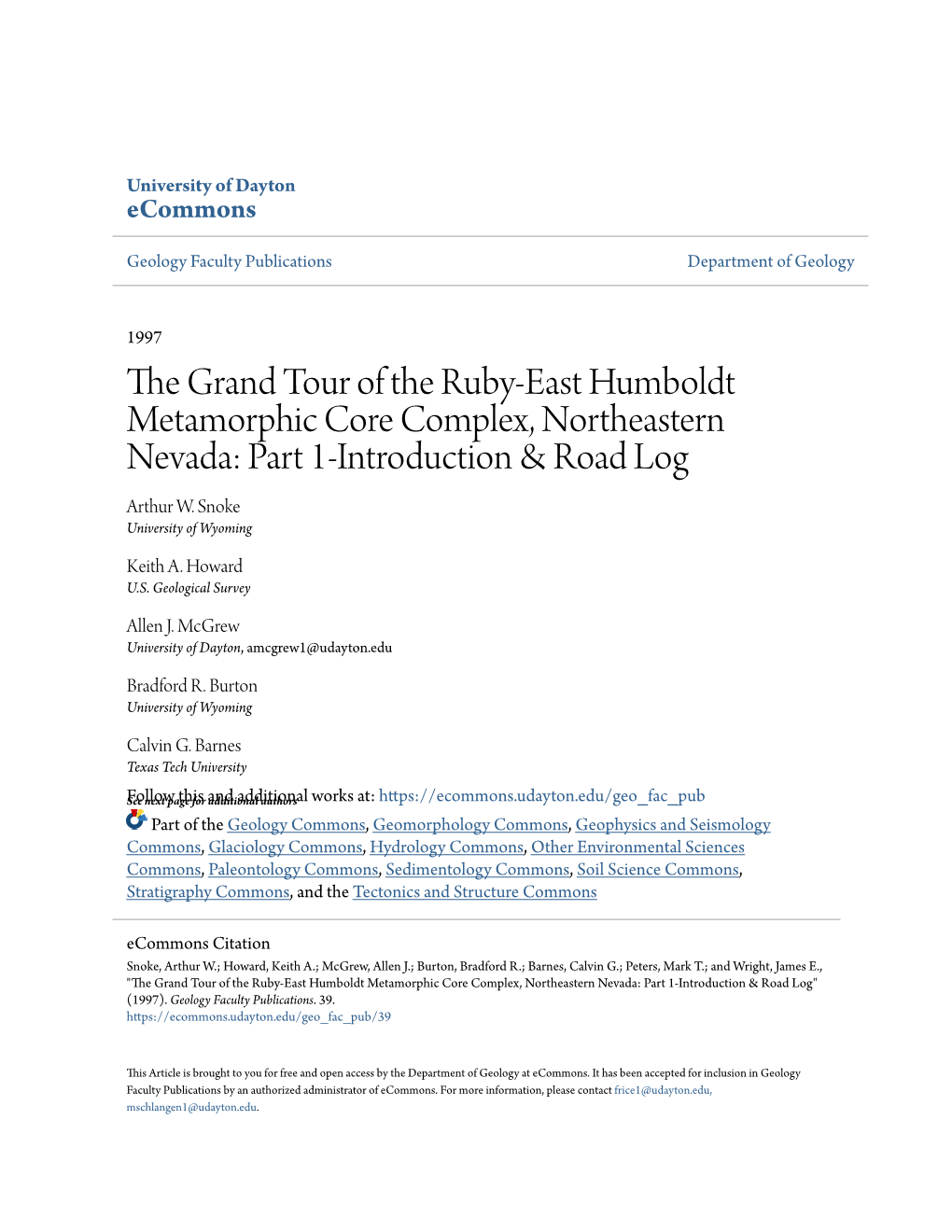 The Grand Tour of the Ruby-East Humboldt Metamorphic Core Complex, Northeastern Nevada: Part 1-Introduction & Road Log Arthur W