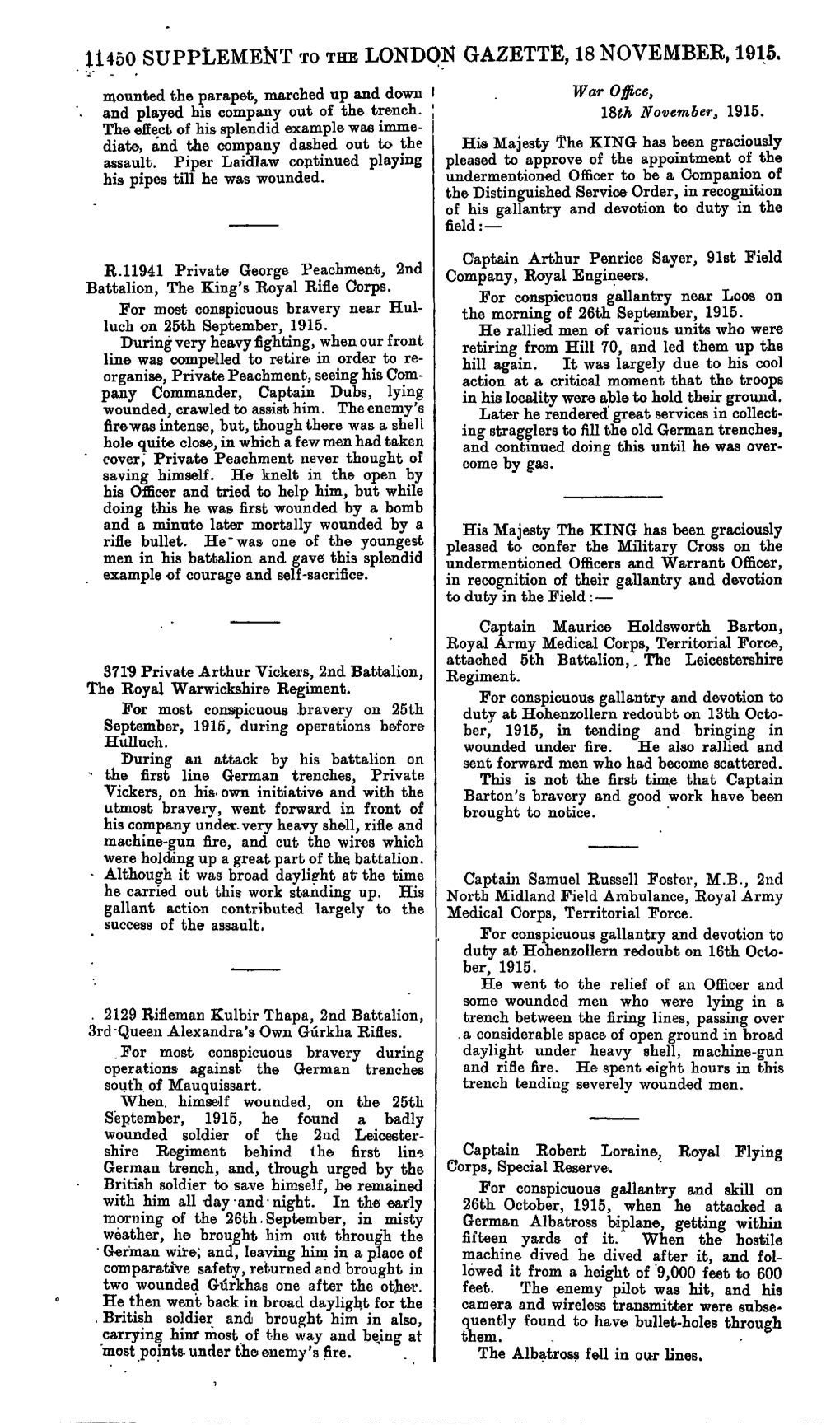 U450 Supplement to the London Gazette, 18 November, 1915