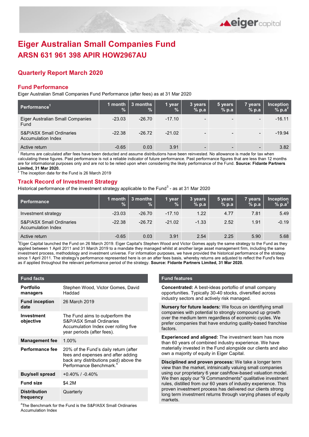 Eiger Australian Small Companies Fund ARSN 631 961 398 APIR HOW2967AU