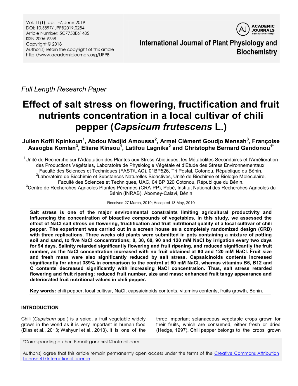 Effect of Salt Stress on Flowering, Fructification and Fruit Nutrients Concentration in a Local Cultivar of Chili Pepper (Capsicum Frutescens L.)