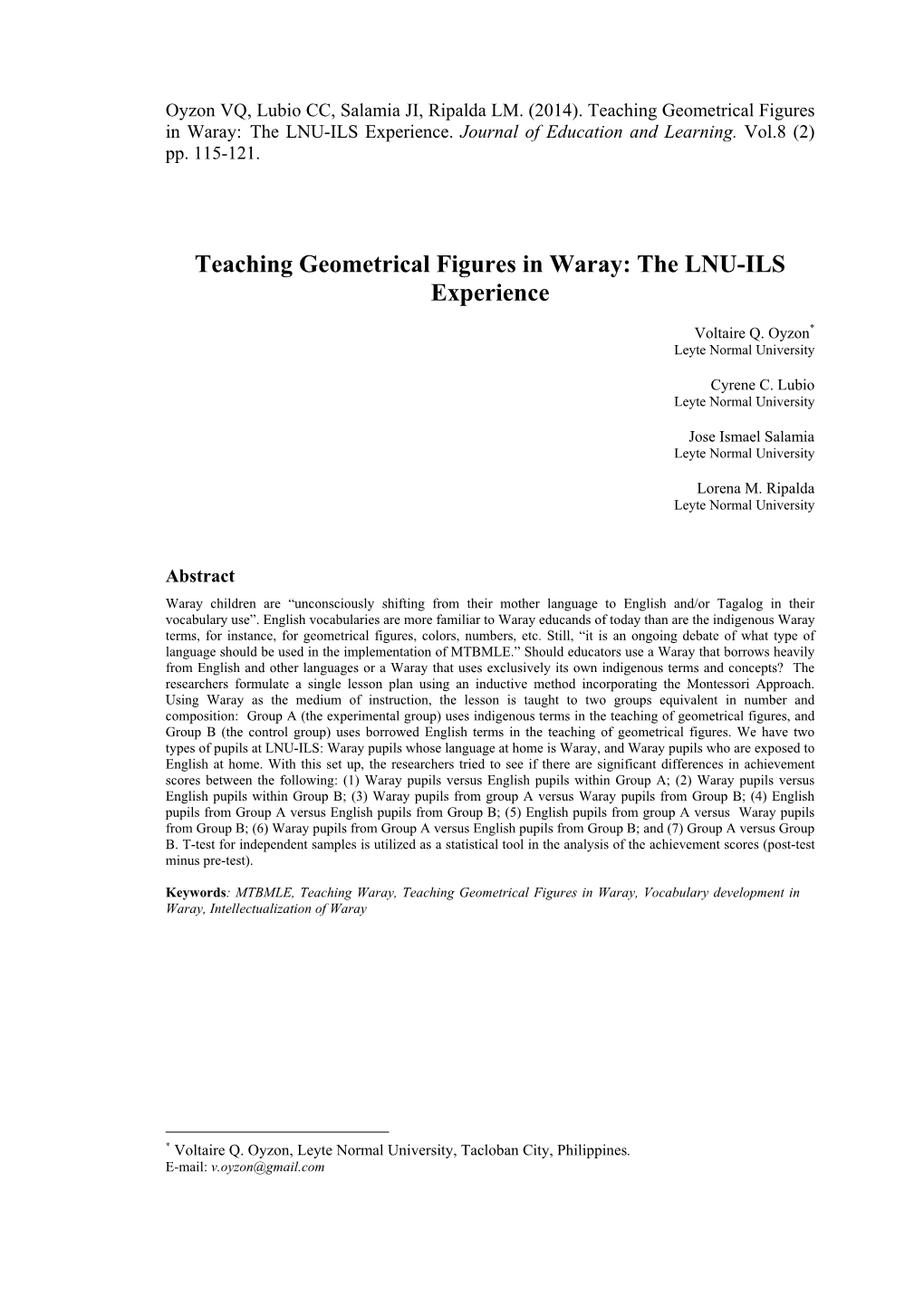 Teaching Geometrical Figures in Waray: the LNU-ILS Experience