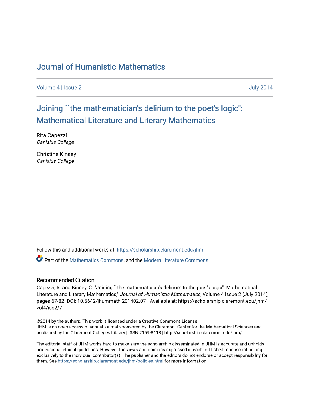 Joining ''The Mathematician's Delirium to the Poet's Logic'': Mathematical Literature and Literary Mathe